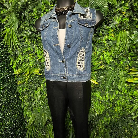 Women Vest Denim 1XL Blue‎ Sequins Accent Polka Dots Waist Coat BUZZ 1618 - Picture 3 of 7
